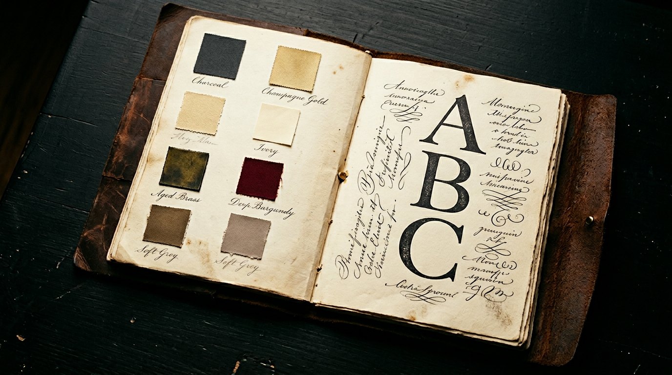 Ledergebundenes Musterbuch mit handnotierten Farbproben und Buchstaben-Specimen — Zutaten-Katalog.
